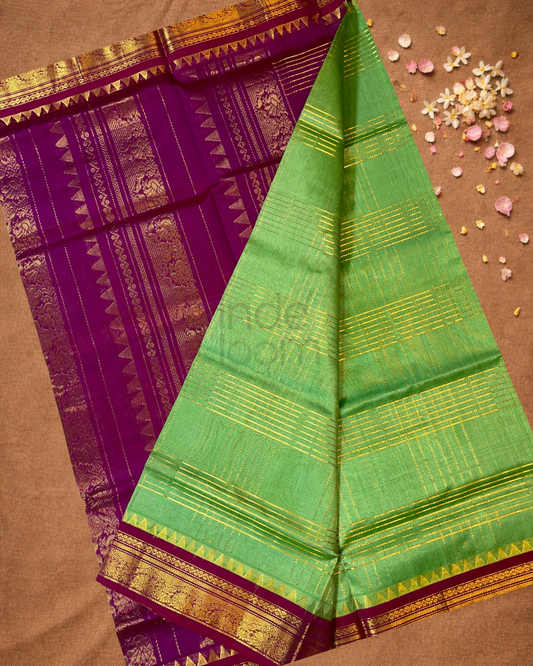 Handloom Korvai Silk Cotton Saree | Lime Green