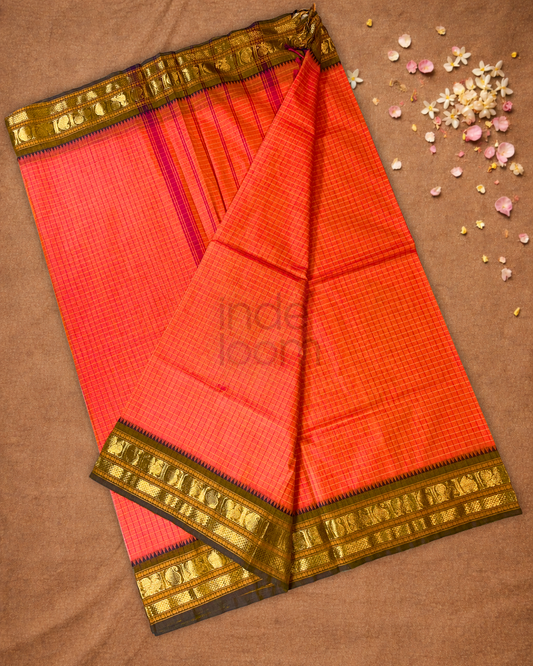 Chettinad cotton Saree | Coral Red