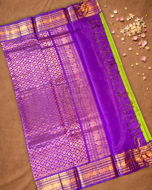 Handloom Korvai Cotton Silk Saree | Lime Green