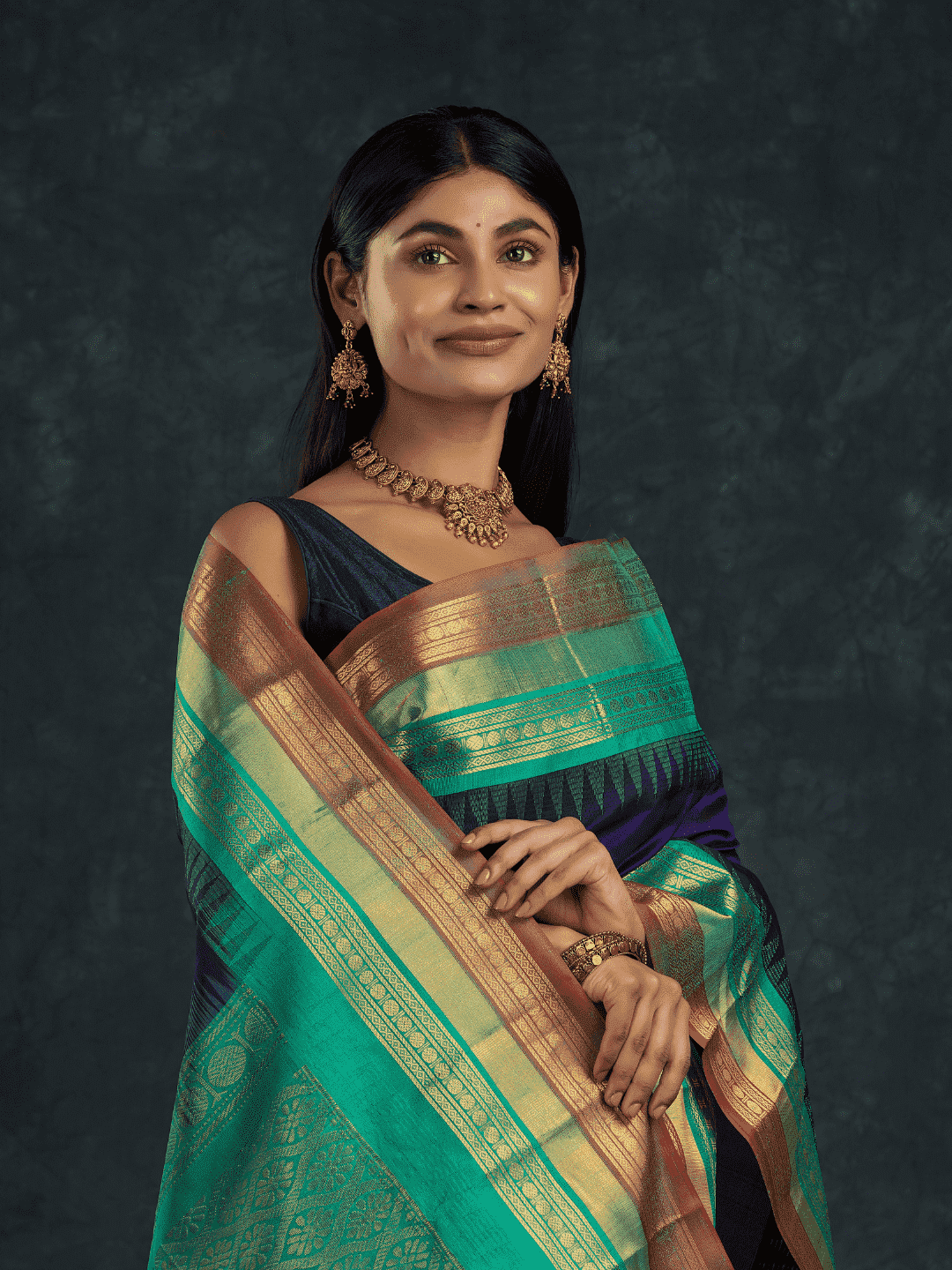 Pure Handloom Korvai Silk Cotton Saree in Rich Sapphire Blue and Teal Moss with Golden temple Border - 138