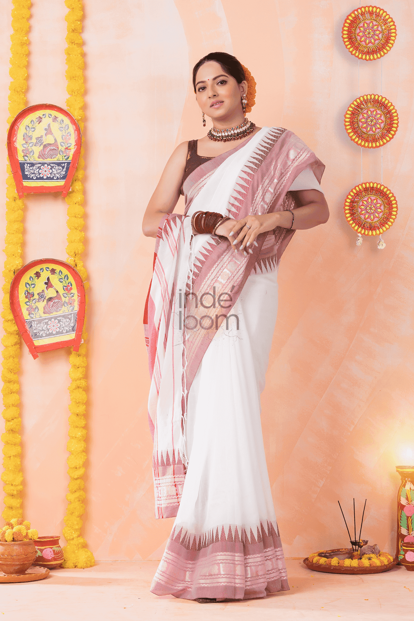 Durga Puja Saree in Plain White with Red border.-031 - indeloom