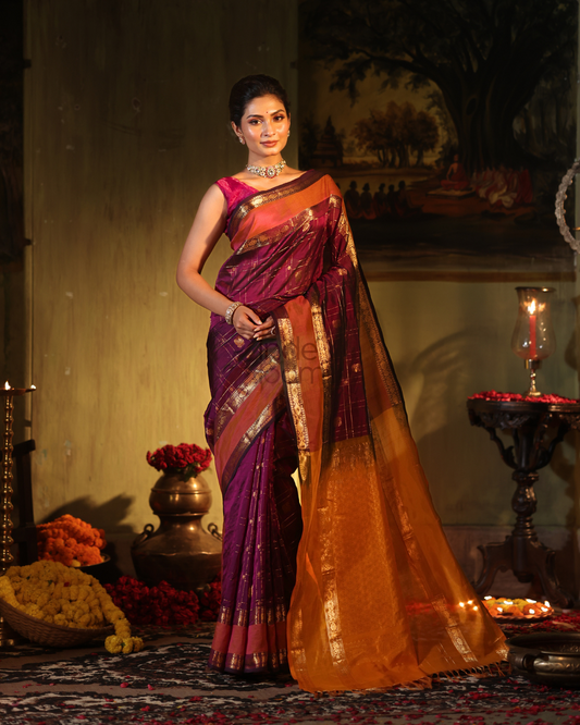 Pure Handloom Korvai Saree | Plum and Rust Orange