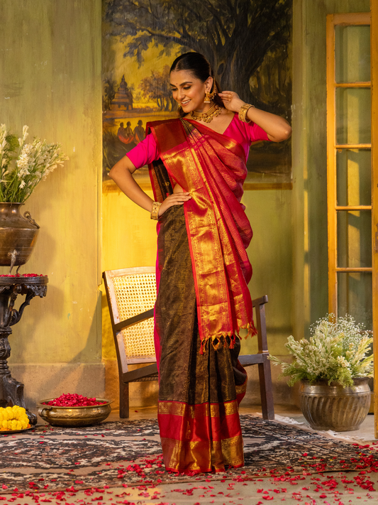 Pure Handloom Korvai Saree | Teal Blue and Golden Yellow