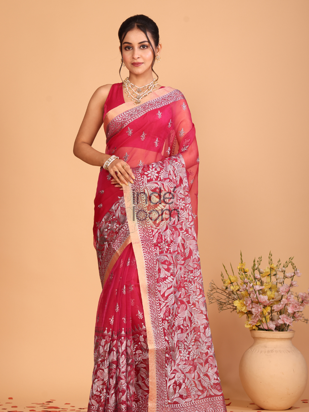 Organza Embroidery Saree With Bright Pink - 102