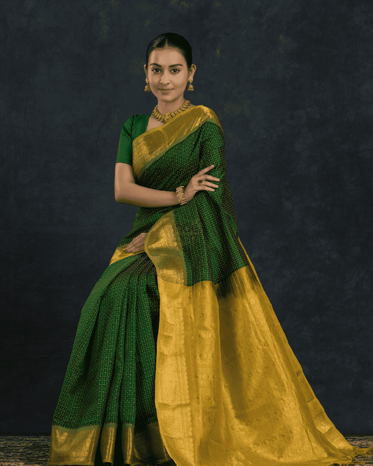 Pure Handloom Korvai Saree | Leaf Green and Gold