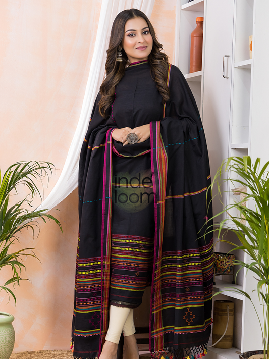 True Black | Handloom Jamdani Muslin Unstitched 2-Piece Kurti | Bhujodi Design
