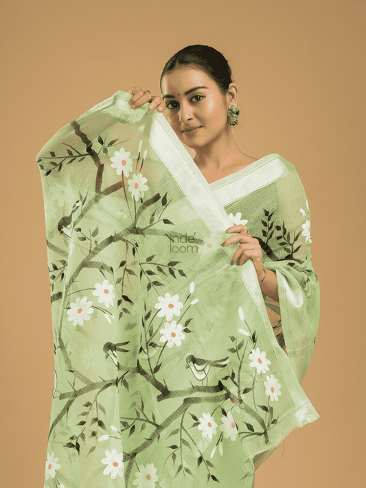 Kota Doria Handpainted Saree With Mint Green - 001 - indeloom