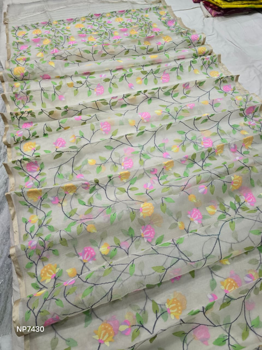 Pure Tantuj Muslin Jamdani Needle Work Handwoven Saree In Cream White - 158