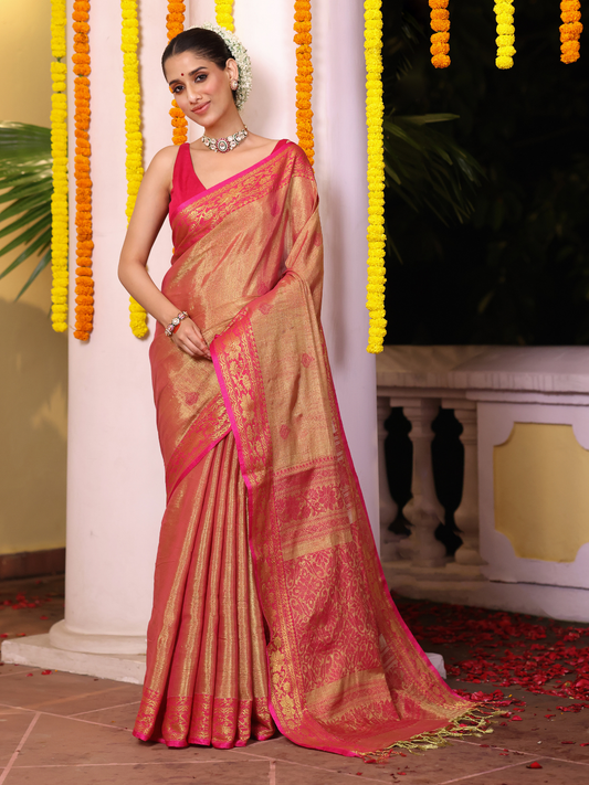 Tissue Silk Jamdani Saree With Rich Pinkish-Red - 113