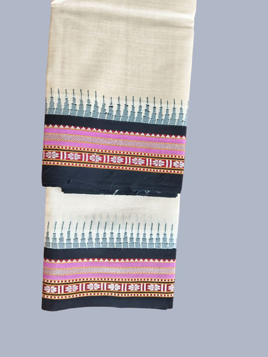Off White & Light Pink Handloom Vidarbha Tussar Silk Saree with Multicolor Contrast Border -006