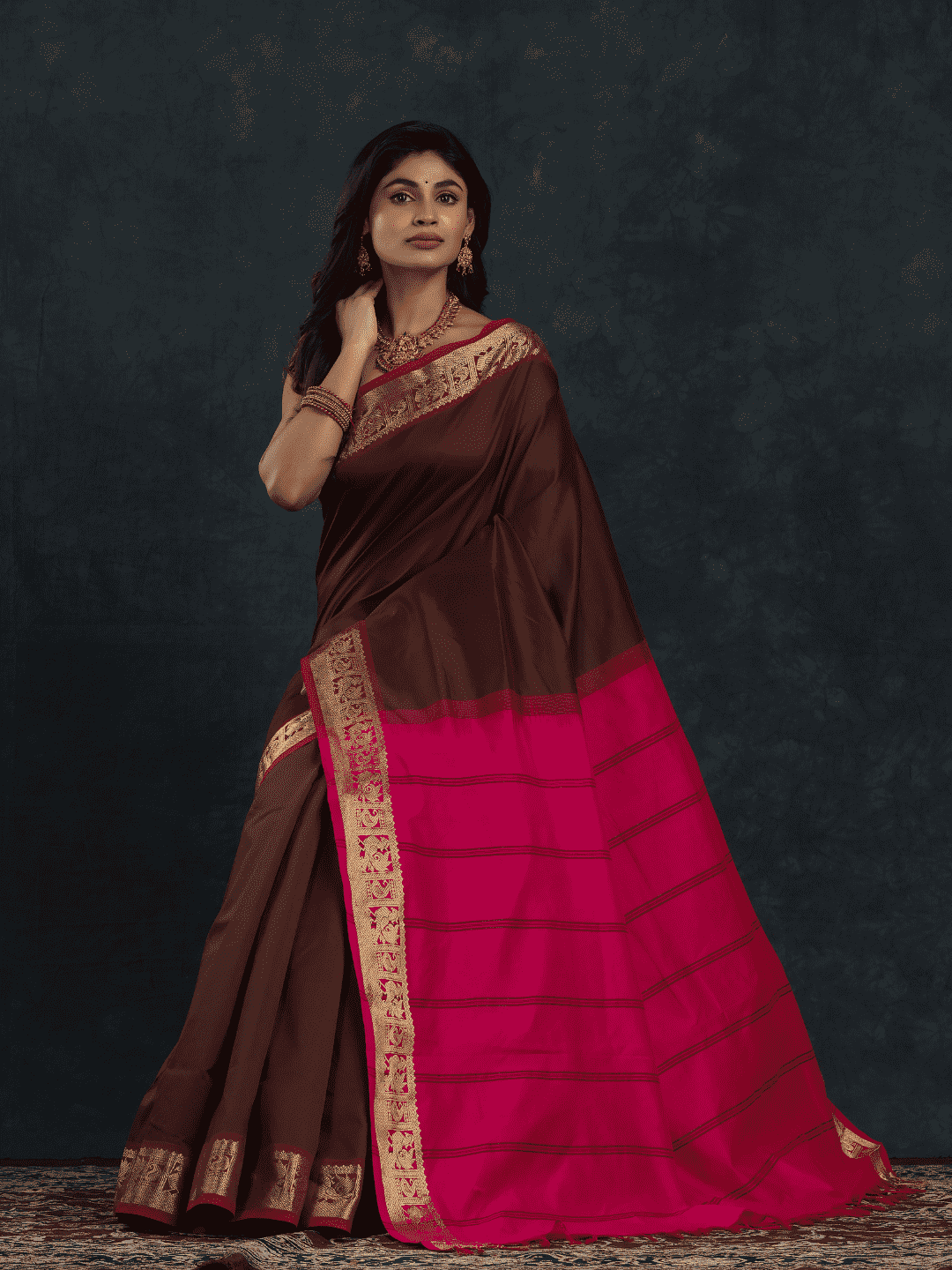Pure Handloom Korvai Saree | Classic Korvai | Red and Brown