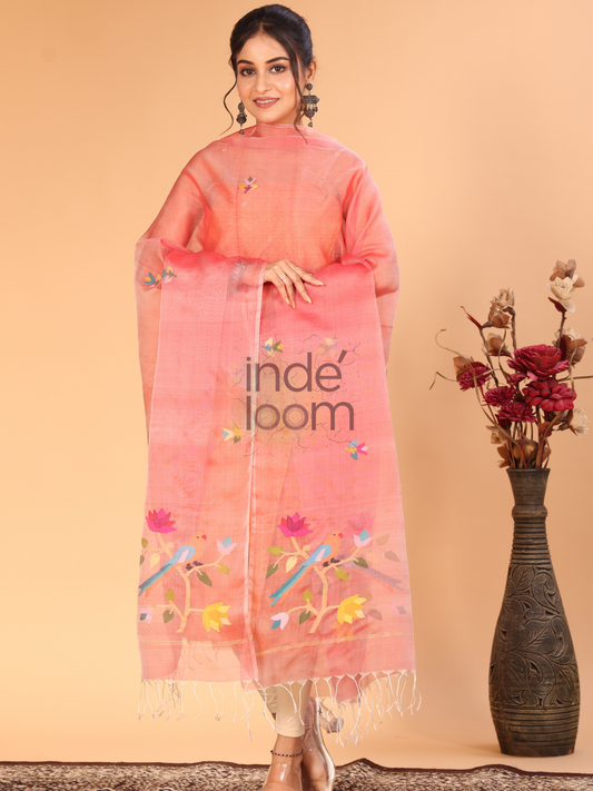 Pure Handloom Muslin Jamdani Dupatta With Peach Pink - 017