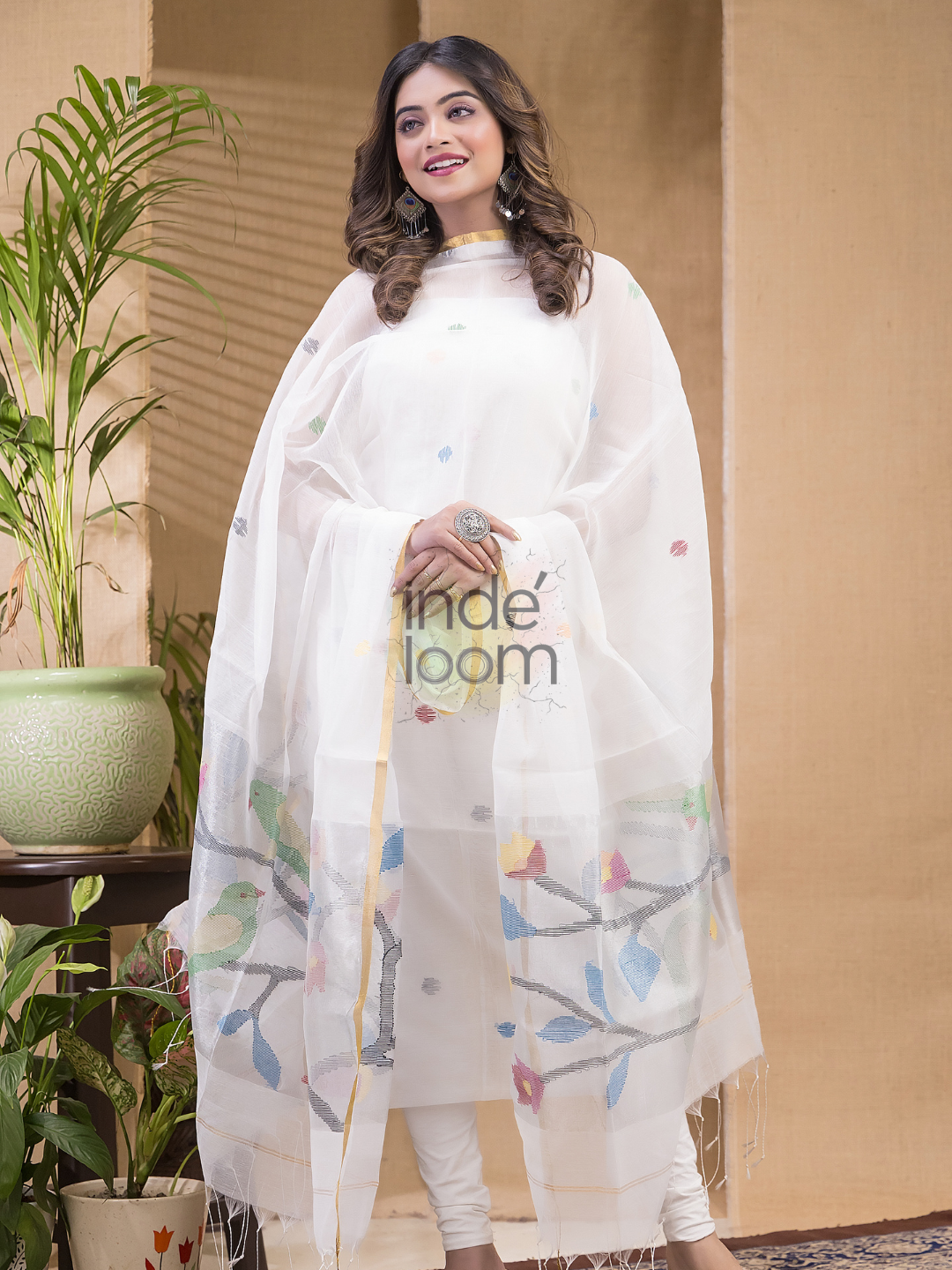 Pale White Jamdani 2-Piece Set Kurti & Dupatta (UNSTITCHED) -662