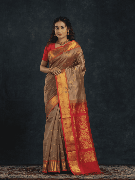 Pure Handloom Korvai Saree | Mayil-Chakram | Grey and Red