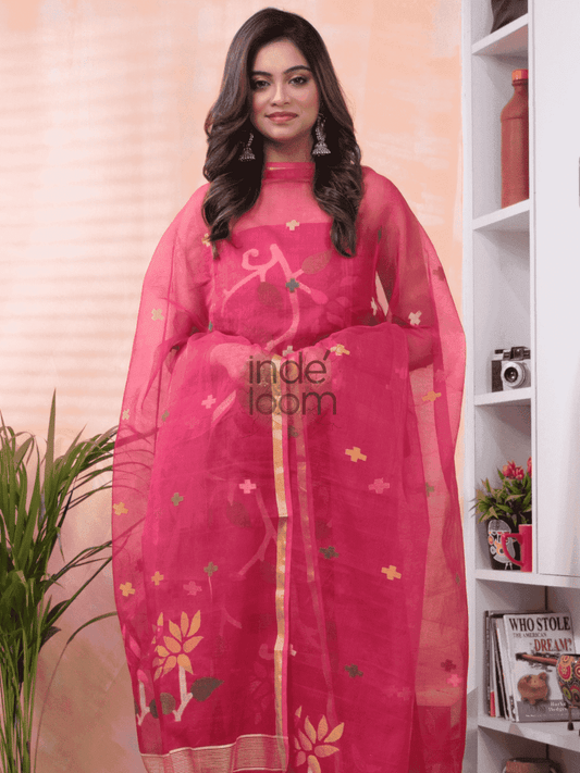 Doll Pink Jamdani 2-Piece Set Kurti & Dupatta (UNSTITCHED) -613 - indeloom