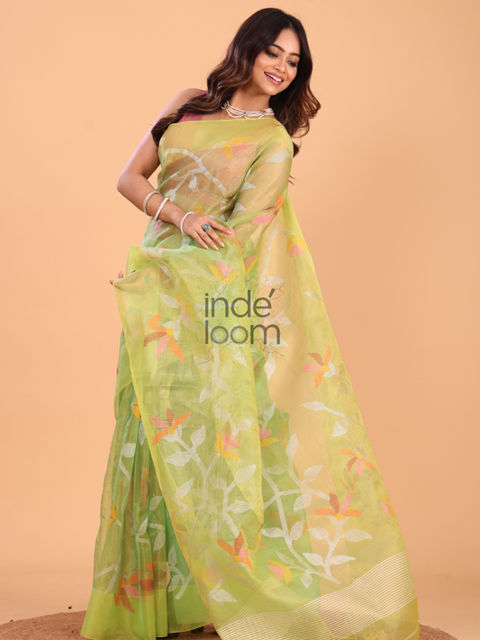 Jamdani Saree With Pear Green - 142