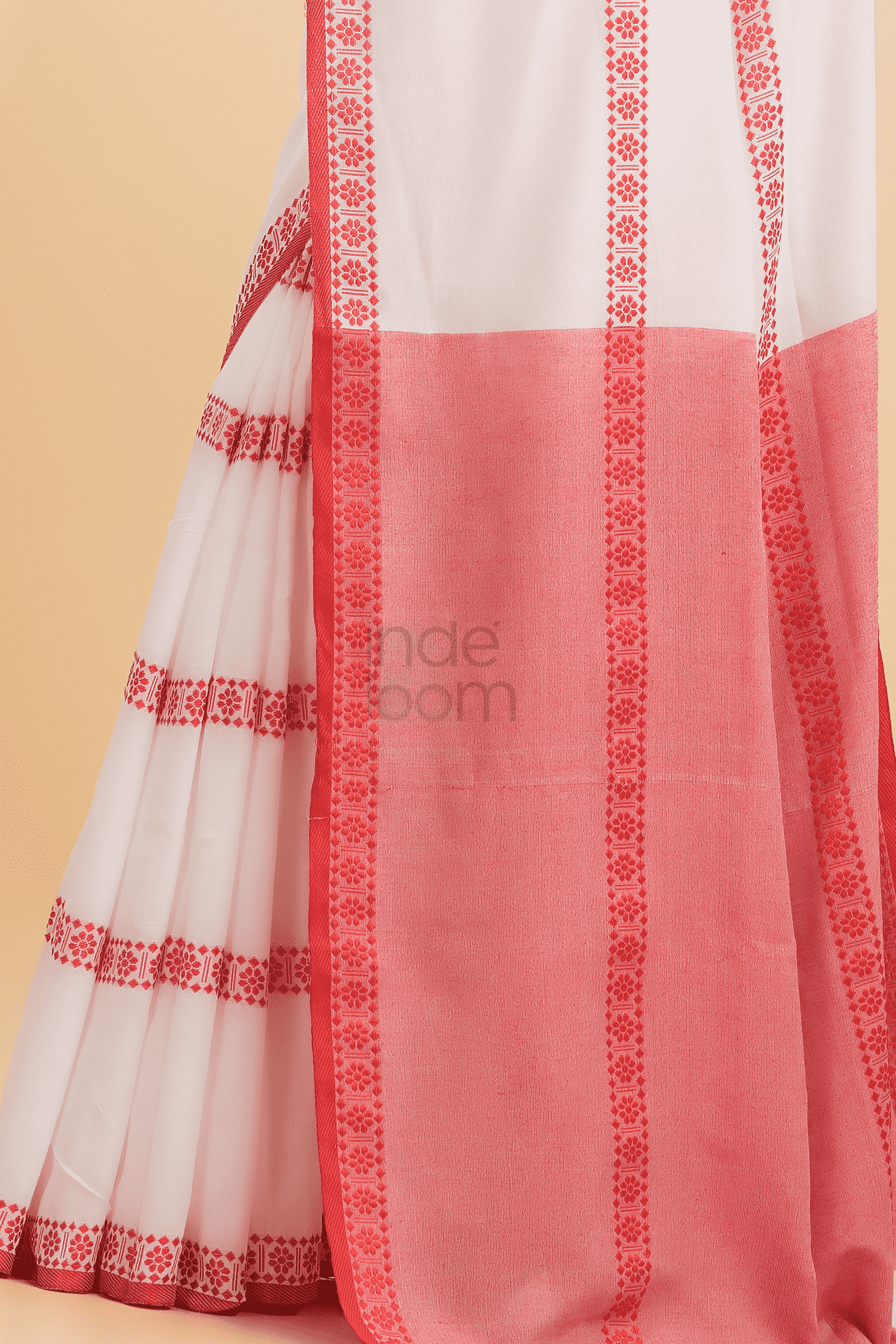 Dewali Saree Handloom Cotton White with Red Pallu-009 - indeloom