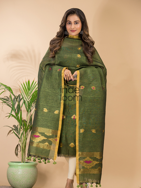 Deep Olive | Handloom Jamdani Linen Unstitched 2-Piece Kurti | Benaras Design