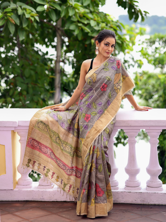 Traditional Handpainted Pen Kalamkari Silk Saree | Slate Grey
