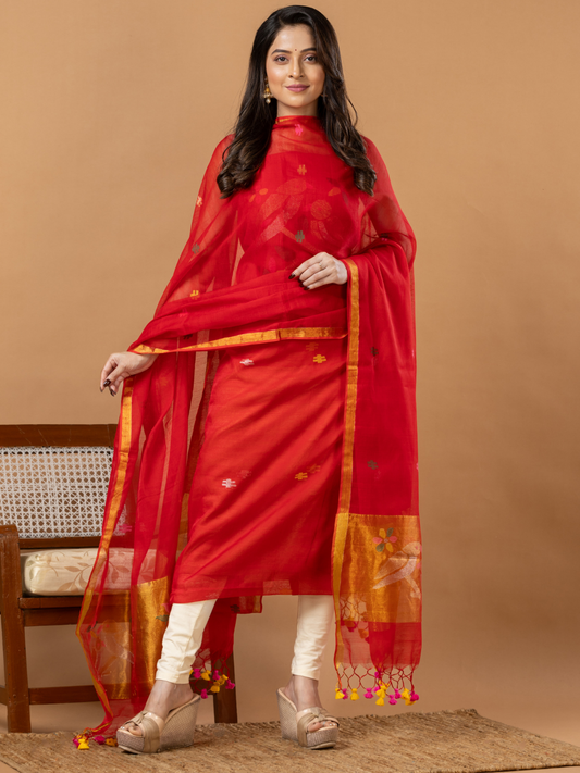 Handwoven Jamdani Muslin Unstitched 2-Piece Kurti | Bright Red
