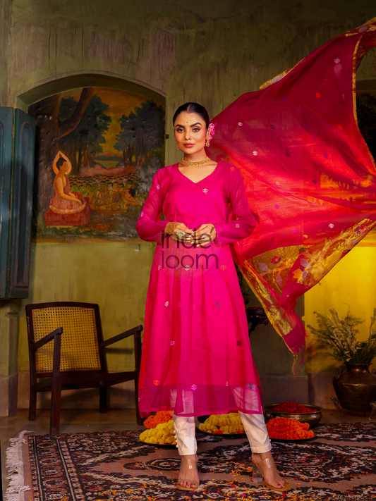 Cerise Pink | Handloom Jamdani Muslin Unstitched 2-Piece Kurti | Paithani Design