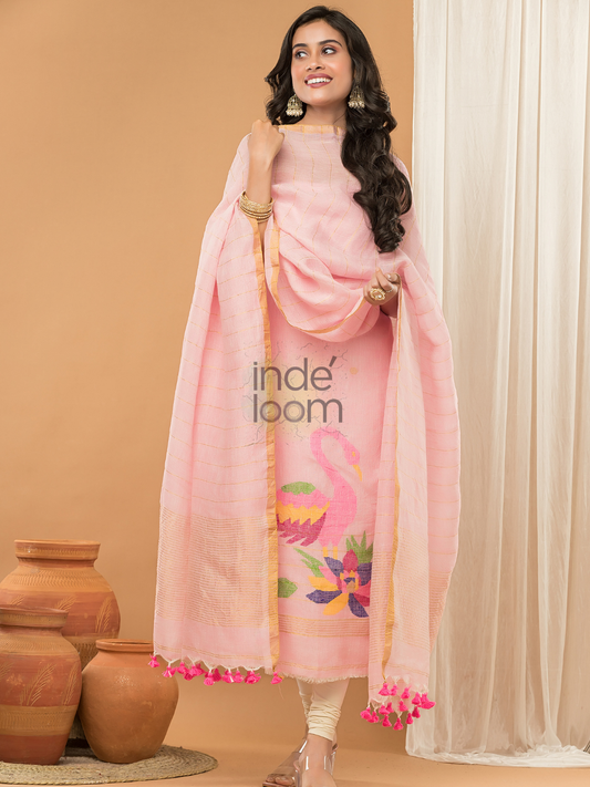 Dusty Rose | Handloom Jamdani Linen Unstitched 2-Piece Kurti