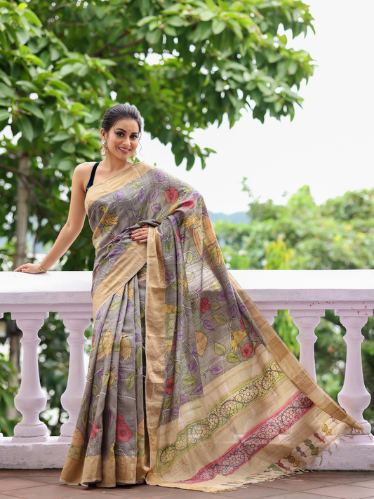 Traditional Handpainted Pen Kalamkari Silk Saree | Slate Grey