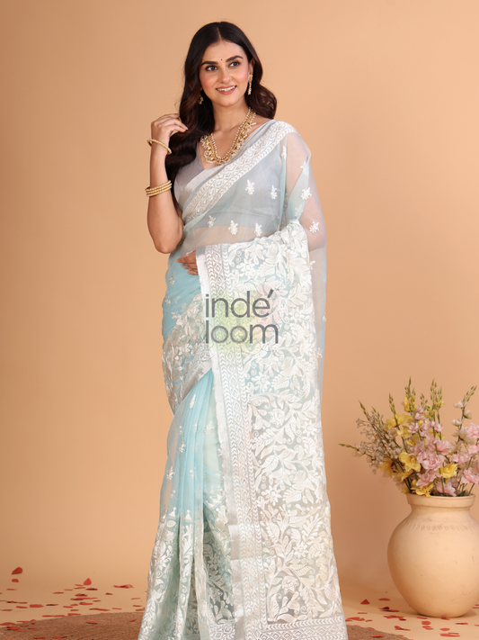 Organza Embroidery Saree With Light Blue - 116