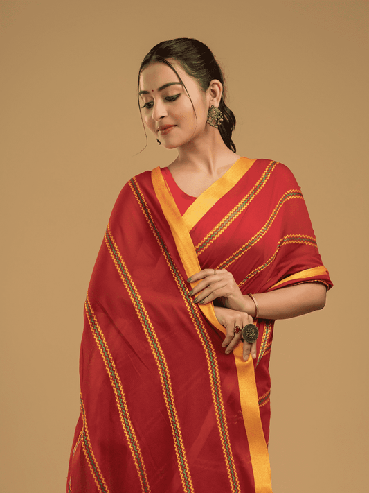 Cherry Red Santipuri cotton Saree - 012 - indeloom