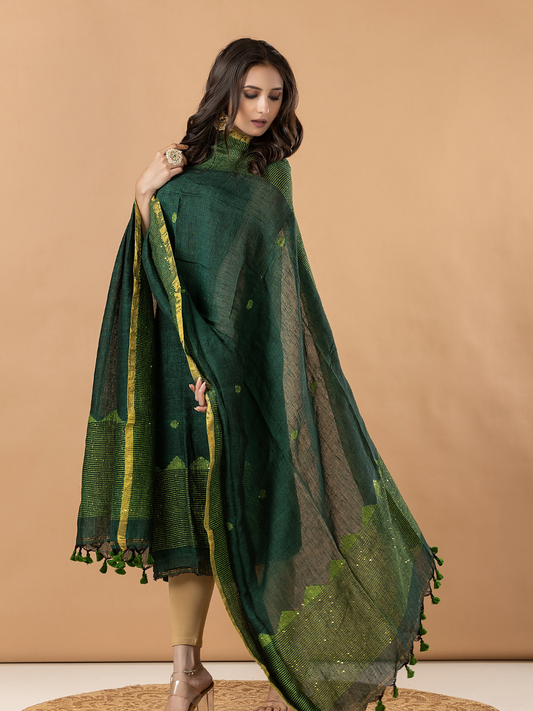 Handwoven Jamdani Linen Unstitched 2-Piece Kurti | Bottle Green