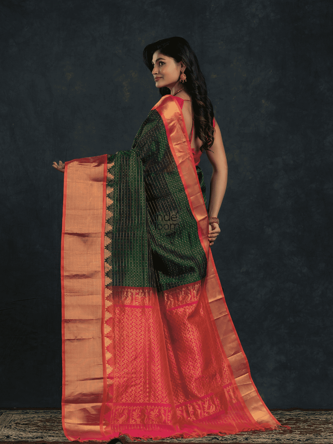 Pure handloom Korvai Silk Cotton Lakshadeepam Saree in Dark Green and Golden Red Border - 016