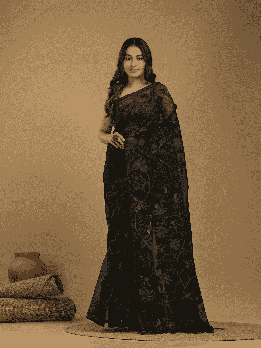 Muslin Jamdani Saree With Jet Black - 012