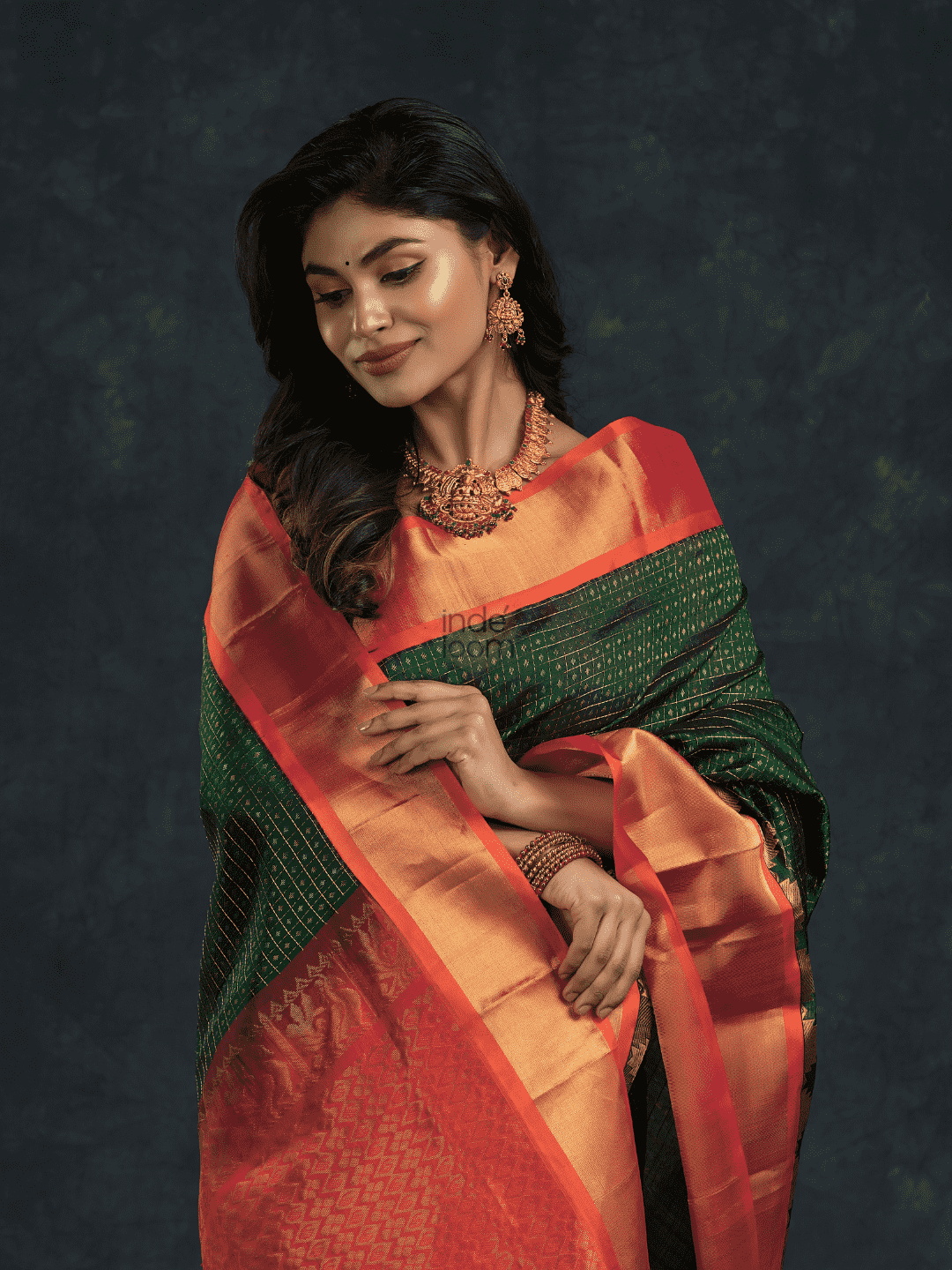 Pure handloom Korvai Silk Cotton Lakshadeepam Saree in Dark Green and Golden Red Border - 016