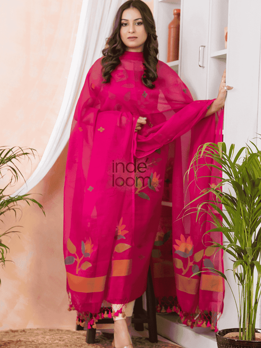 Hot Pink Jamdani 2-Piece Set Kurti & Dupatta (UNSTITCHED) -523 - indeloom