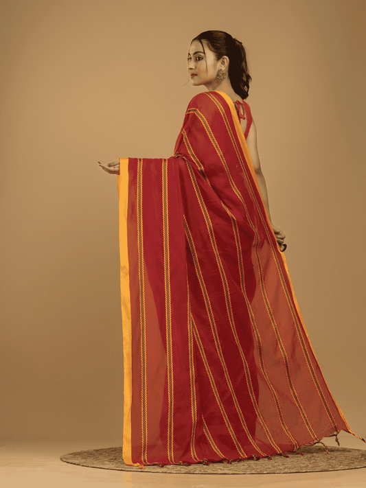 Cherry Red Santipuri cotton Saree - 012 - indeloom