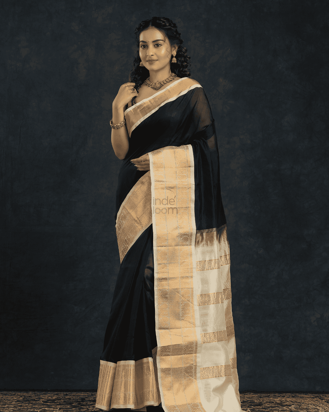 Pure handloom Korvai Silk Cotton Saree in Rich Black and White Border - 106