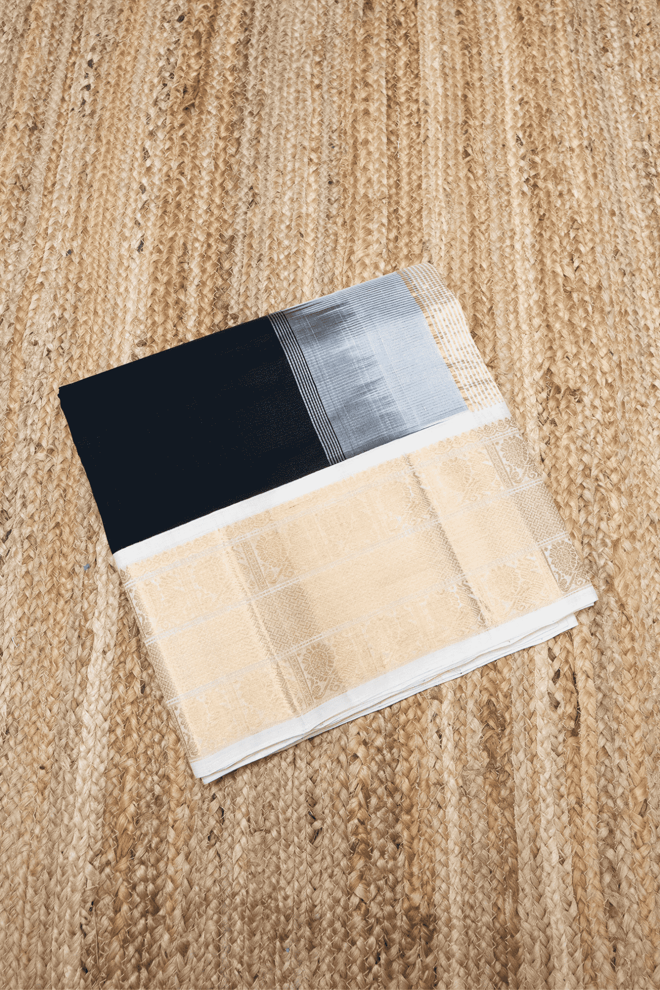 Pure handloom Korvai Silk Cotton Saree in Rich Black and White Border - 106