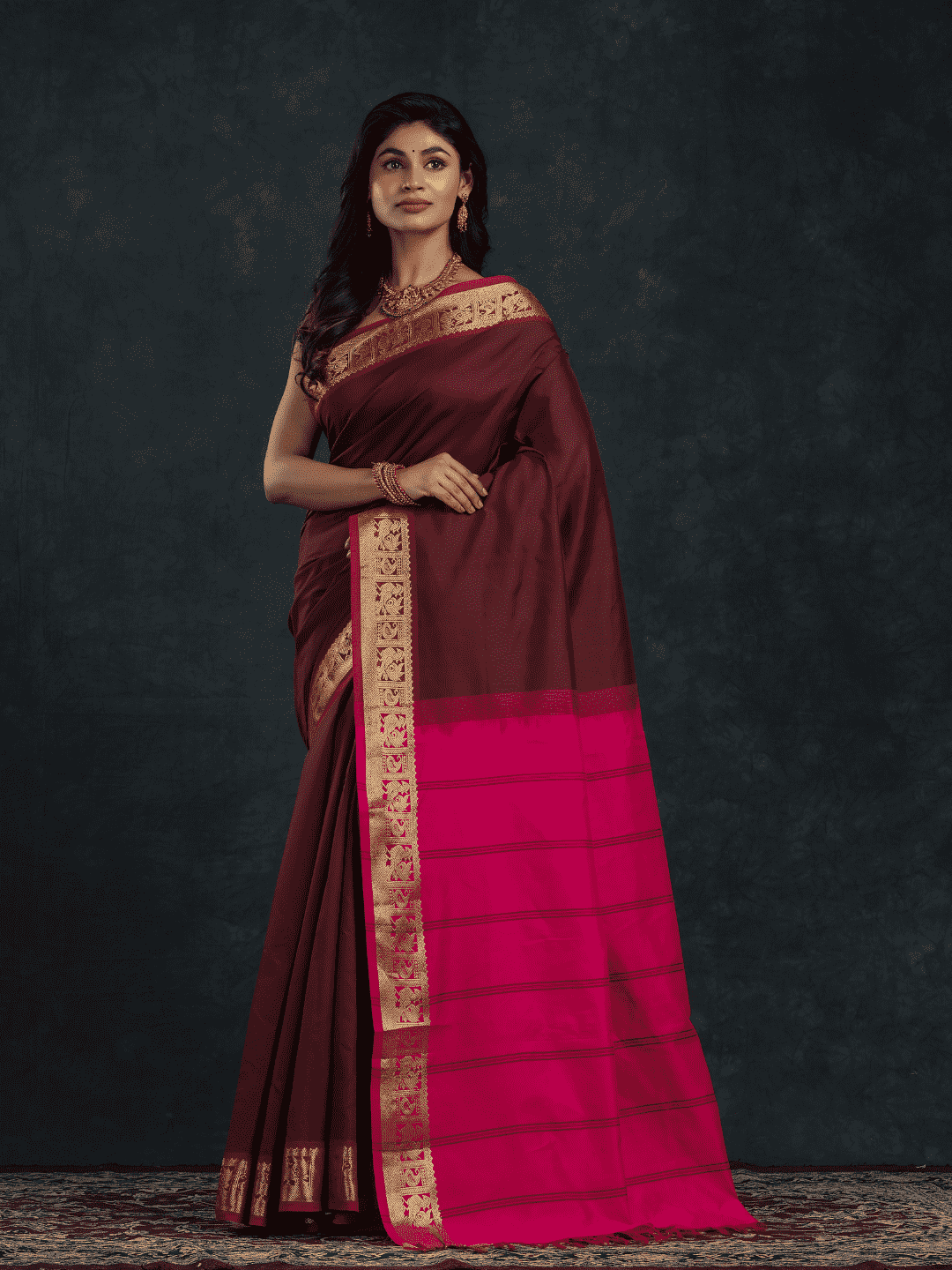 Pure Handloom Korvai Saree | Classic Korvai | Red and Brown