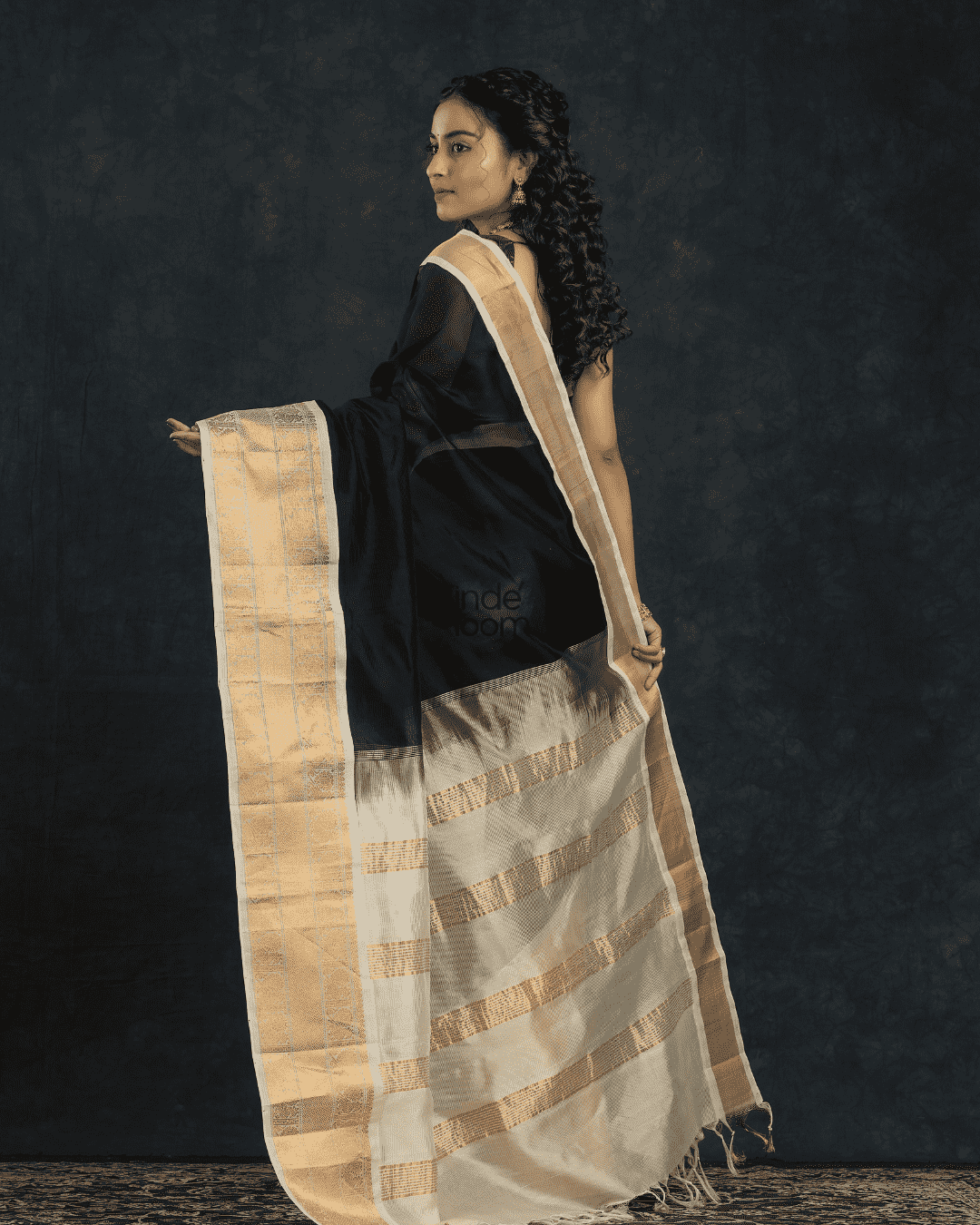 Pure handloom Korvai Silk Cotton Saree in Rich Black and White Border - 106