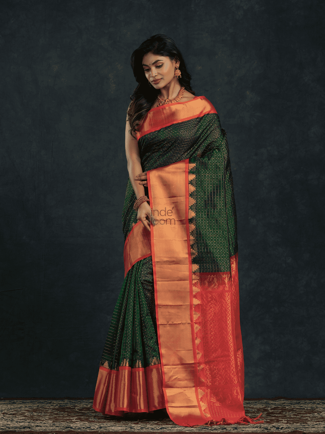 Pure handloom Korvai Silk Cotton Lakshadeepam Saree in Dark Green and Golden Red Border - 016
