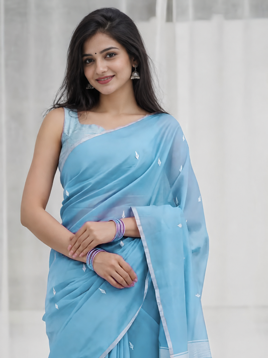 Maheshwari Silk Cotton Saree – Festive Elegance | Sky Blue