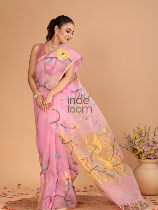 Jamdani Muslin Tissue Silk Saree With Rose Pink - 117