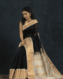 Pure handloom Korvai Silk Cotton Saree in Rich Black and White Border - 106