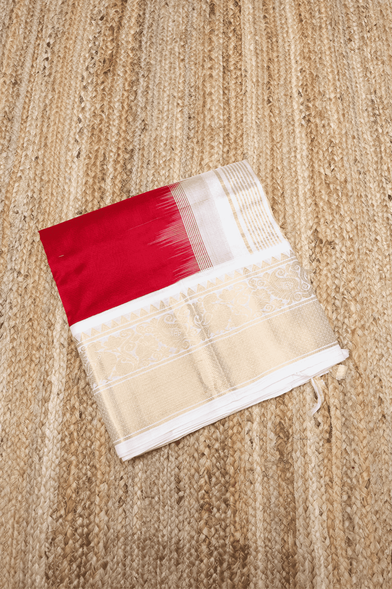 Pure handloom Korvai Silk Cotton Saree in Hot Red and Ivory White Border - 001