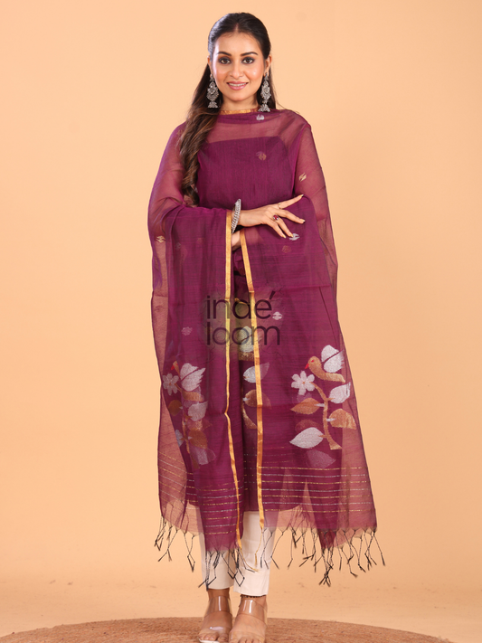 Plum Rose | Handloom Jamdani Muslin-Tissue Unstitched 2-Piece Kurti