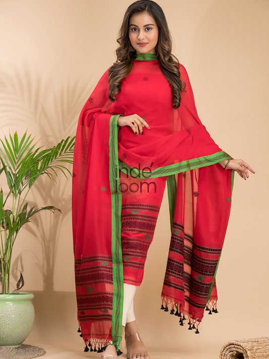 Crimson Flame | Handloom Jamdani Mercerised-Cotton Unstitched 2-Piece Kurti | Bhujodi Design