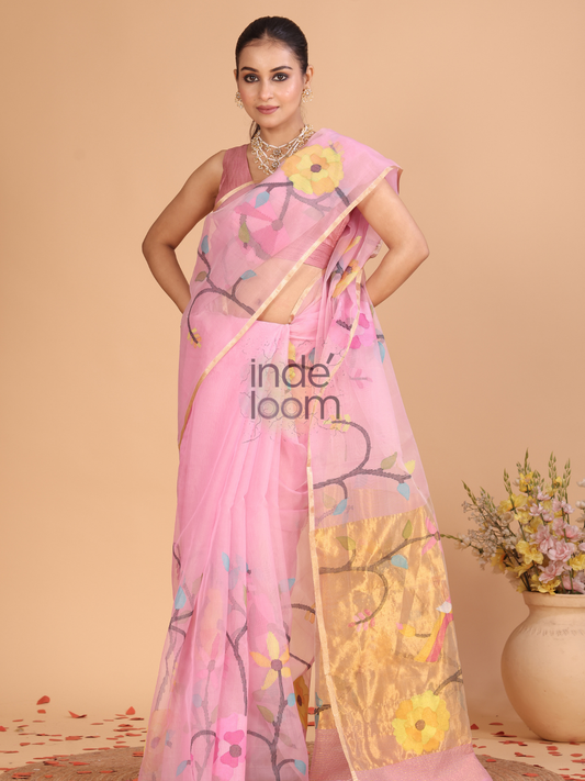 Jamdani Muslin Tissue Silk Saree With Rose Pink - 117