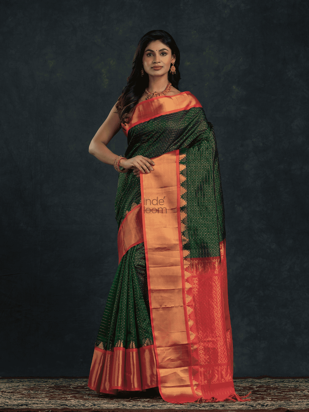 Pure handloom Korvai Silk Cotton Lakshadeepam Saree in Dark Green and Golden Red Border - 016