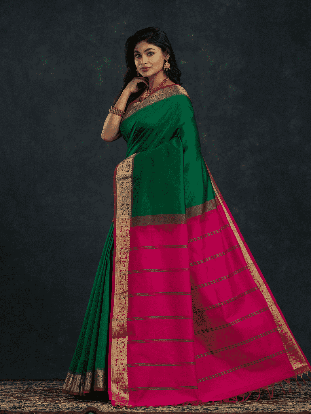 Pure Handloom Korvai Silk Cotton Saree in Forest Green and Fuchsia Pink - 142