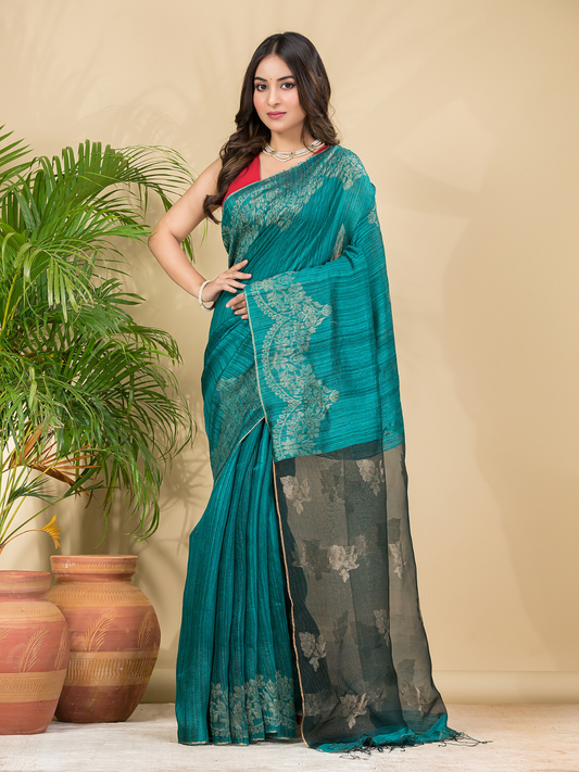 Matka Silk Jamdani Saree With Teal Green - 024